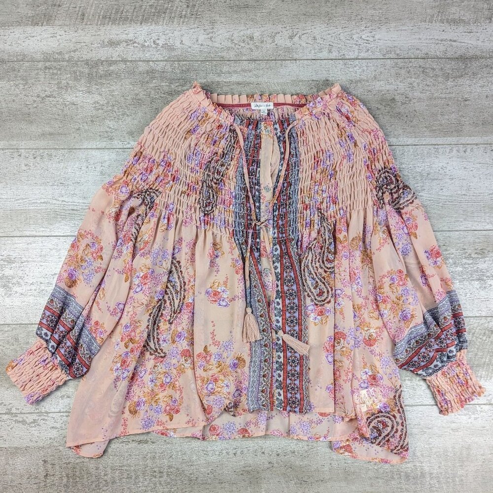 NWT Skylar & Jade Button Up Peasant Boho Tunic Top Dusted Pink Floral XL Tassel